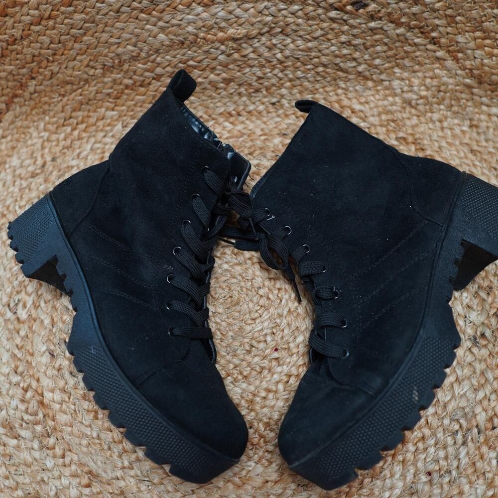 Black Suede Platform Combat Boots Chunky Sole